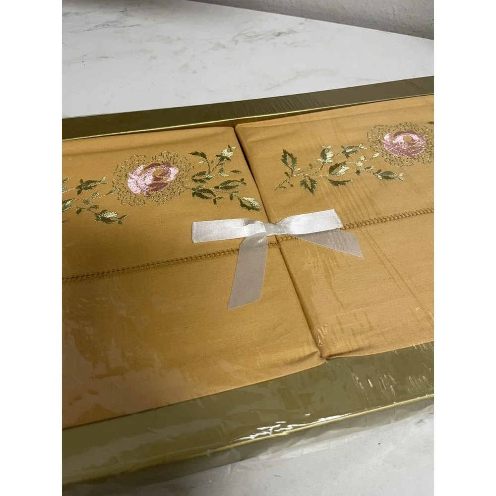 Vintage Riegel Orange Pillowcase‎ Pair Embroidered Roses Gift Set